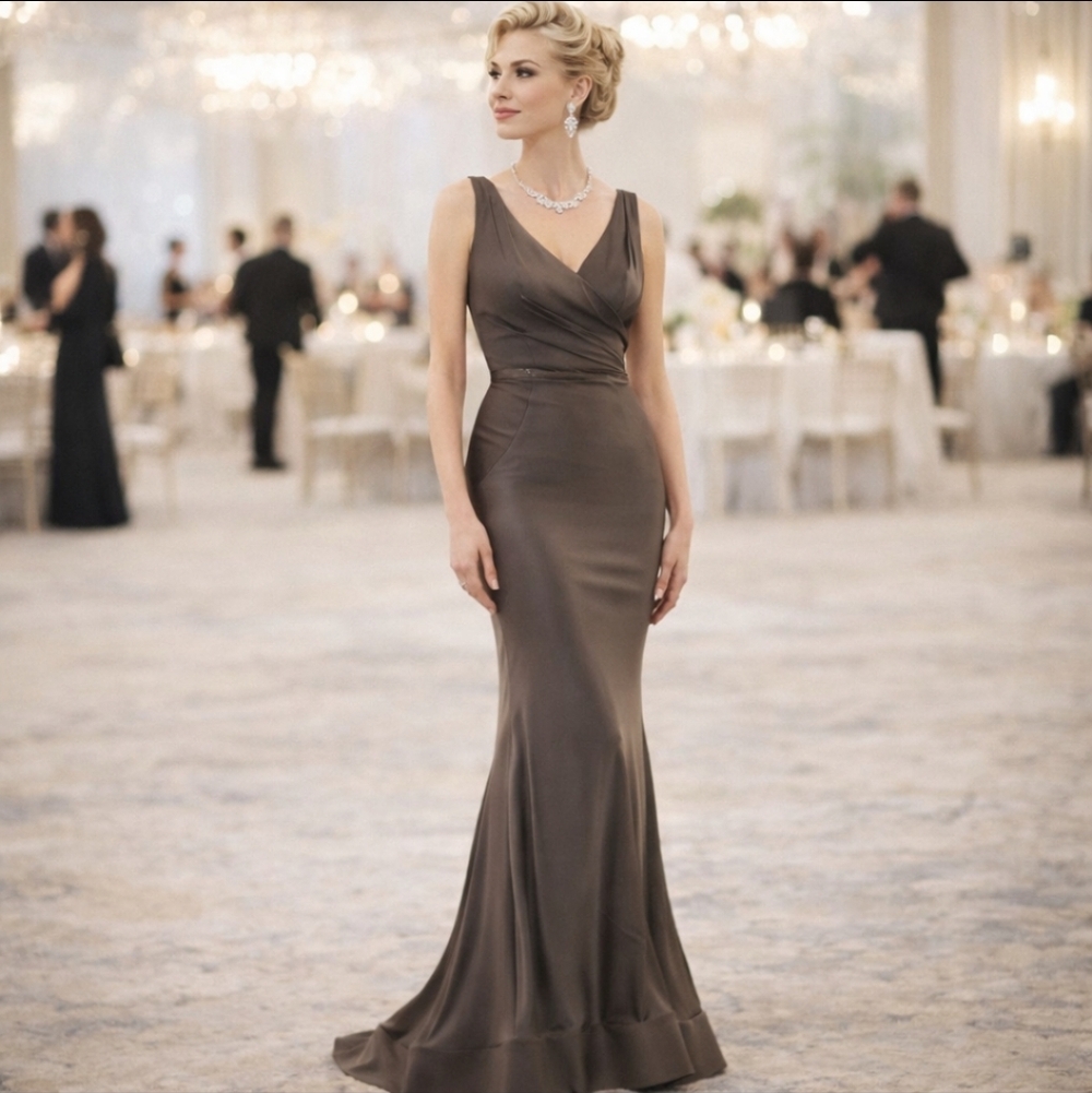 New Marsoni Gown Brown Bronze Herringbone V Neck Fit  Flare Trumpet  NWT Sz 20